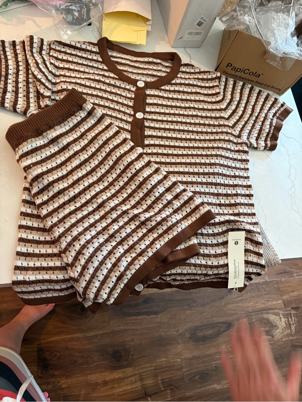 Womens Brown & White Striped Knit Top - Casual Short Sleeve